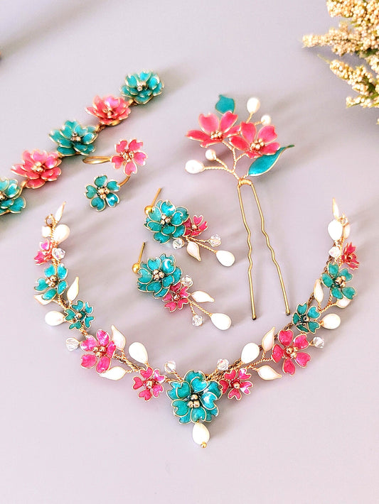 Handmade Floral Bridal Jewelry Set in Pink & Teal – Necklace Earrings Bracelet Ring Hair Accessory