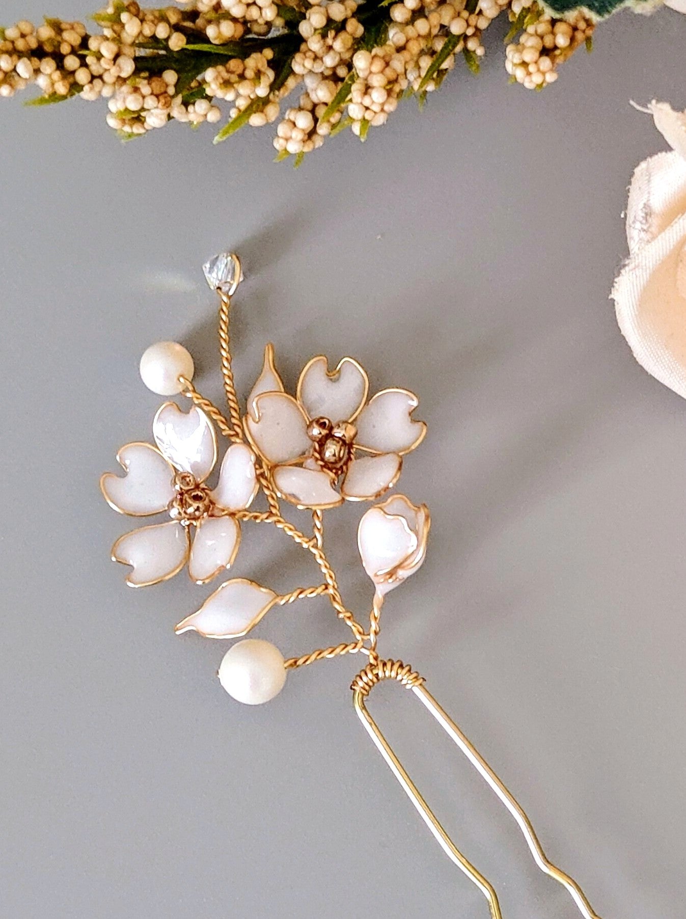 White Cherry Blossom Hair Pin | Bridal Floral Hair Accessory