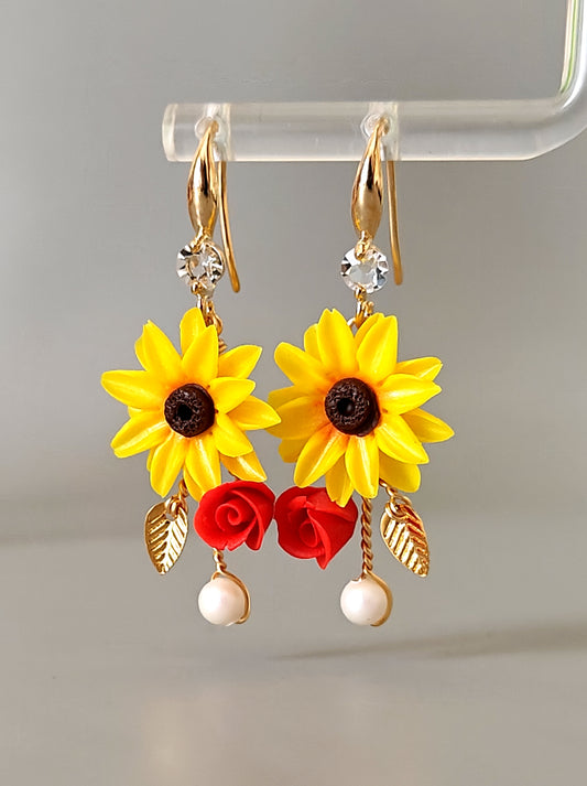 Handmade Sunflower and Rose Earrings with Pearl Drop | Floral Dangle Earrings