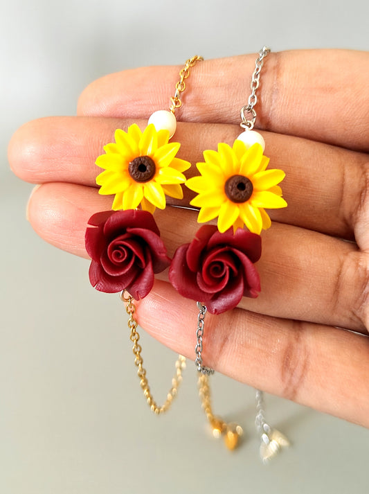 Handmade Sunflower and Burgundy Rose Bracelet