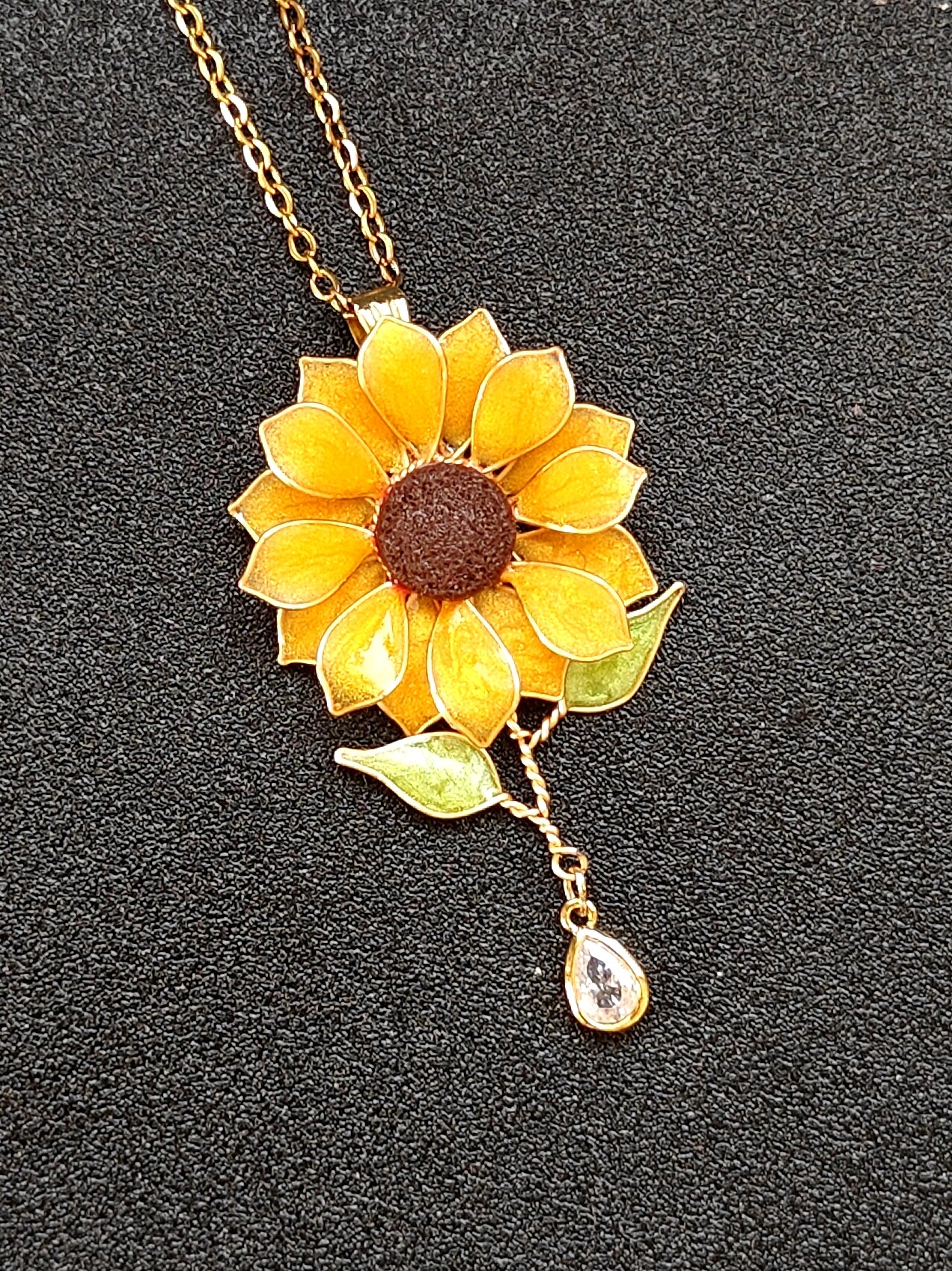 Handmade Sunflower Necklace Resin Jewellery with a Crystal Dangle