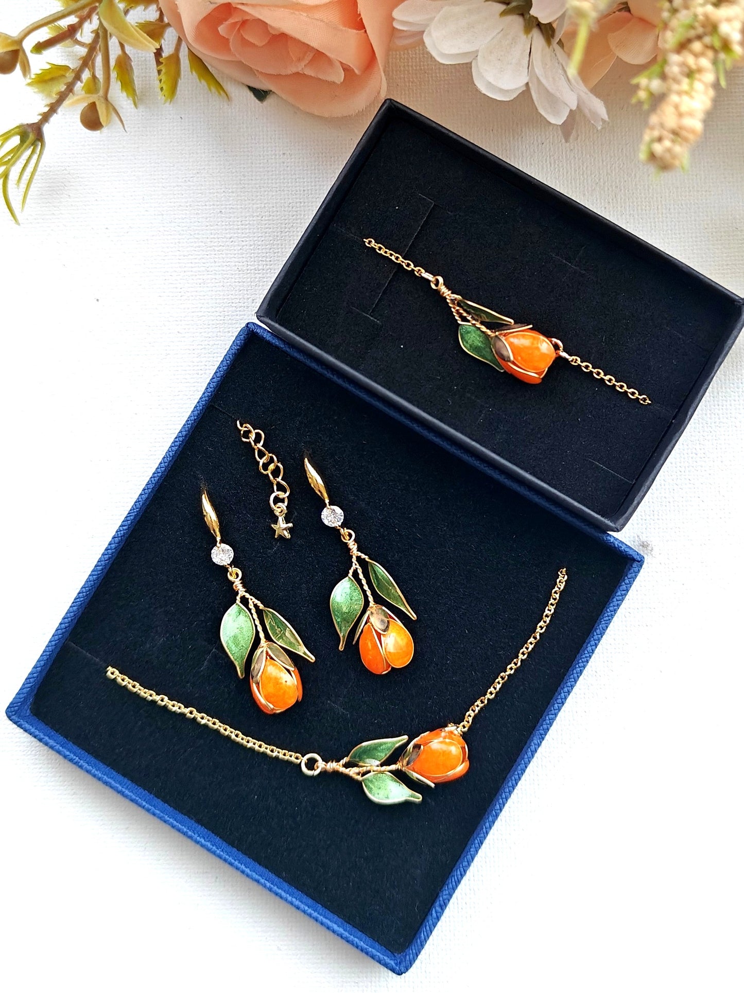 Handmade Orange Tulip Jewelry Set with Necklace, Earrings & Bracelet | Floral Wire & Resin Set