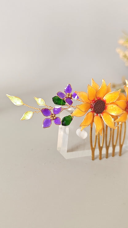 Handmade Sunflower Hair Comb Bridal Hair Piece with purple hydrangea