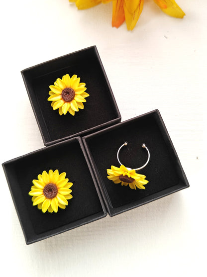 Handmade Sunflower Ring | Adjustable Floral Ring | Yellow Flower Jewelry