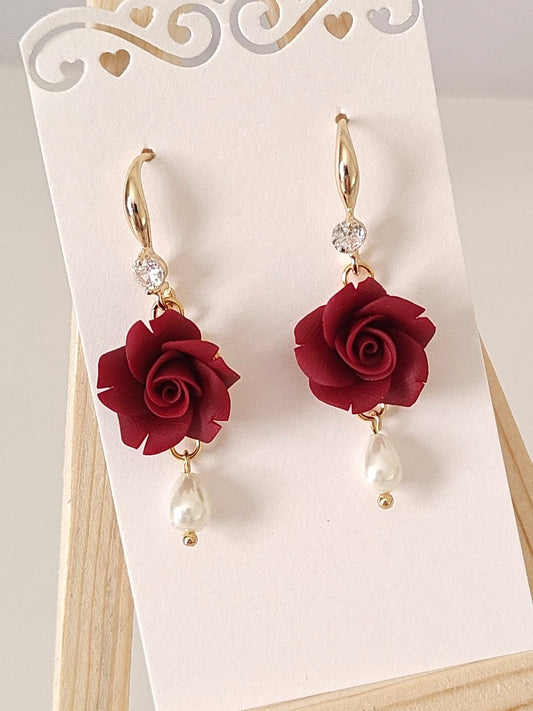 Handmade Rose Flower Jewelry Set with Pearl Drops – Custom Color Floral Necklace & Earrings