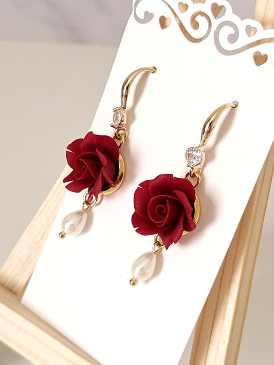 Handmade Burgundy Rose Earrings with Pearl Drop | Dark Red Floral Bridal Earrings