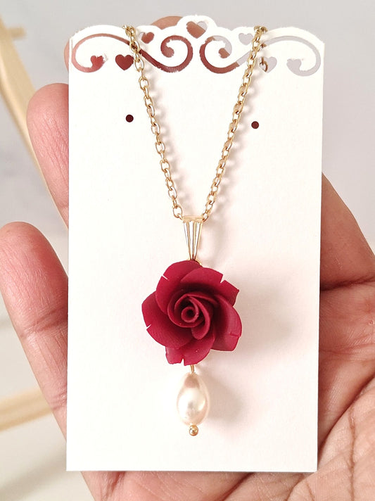 Handmade Burgundy Rose Necklace with Pearl Drop | Dark Red Floral Bridal Necklace | Gift for Women