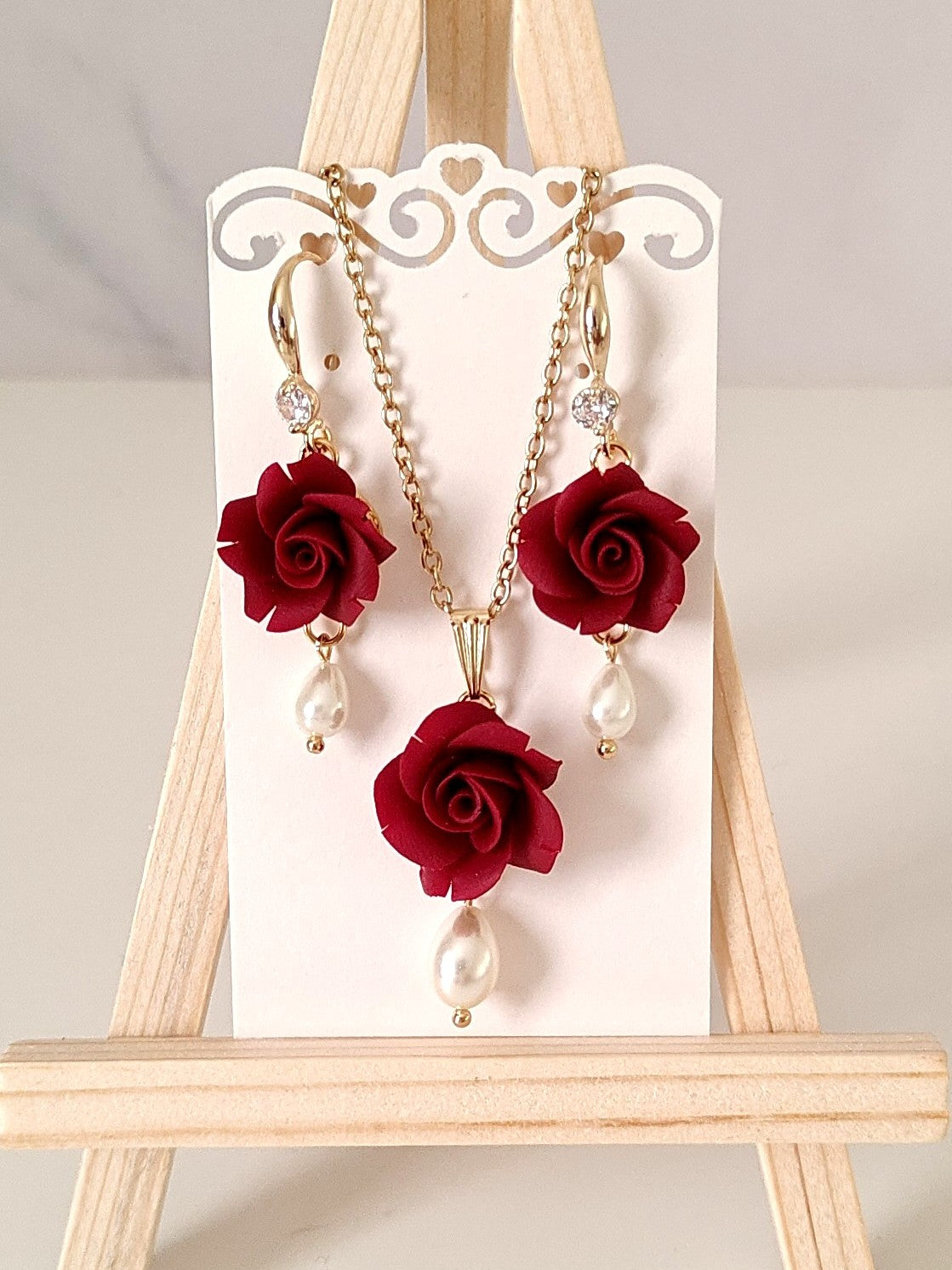 Handmade Rose Flower Jewelry Set with Pearl Drops – Custom Color Floral Necklace & Earrings