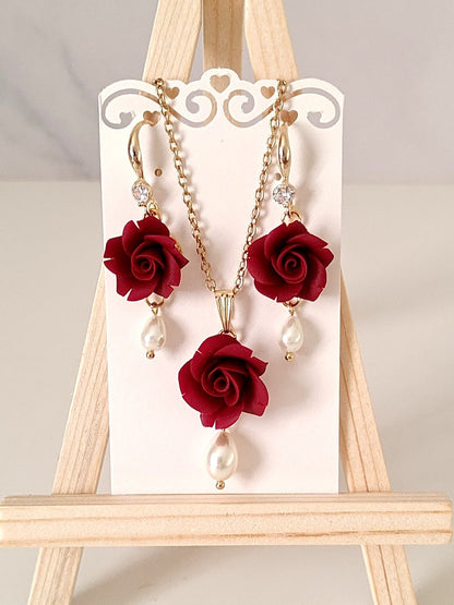 Handmade Rose Flower Jewelry Set with Pearl Drops – Custom Color Floral Necklace & Earrings