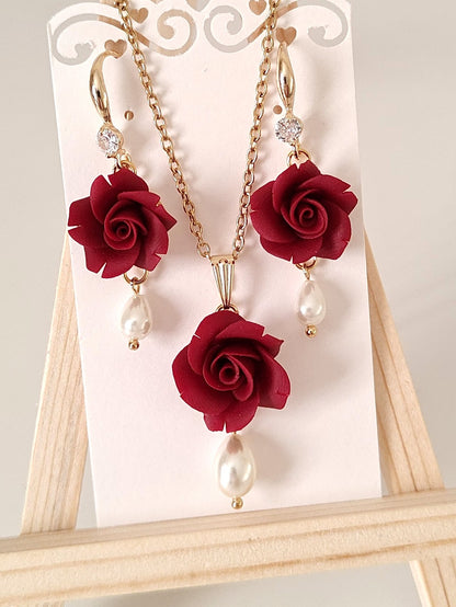 Handmade Rose Flower Jewelry Set with Pearl Drops – Custom Color Floral Necklace & Earrings