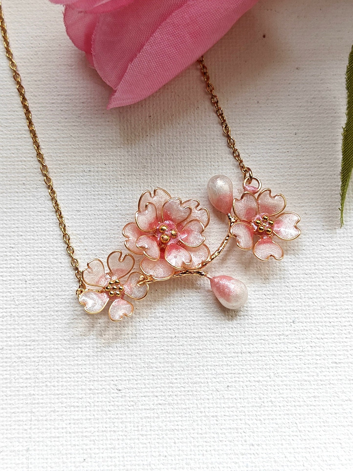 Cherry Blossom Floral Necklace | Handmade Sakura Bridal Jewelry in Blush Pink