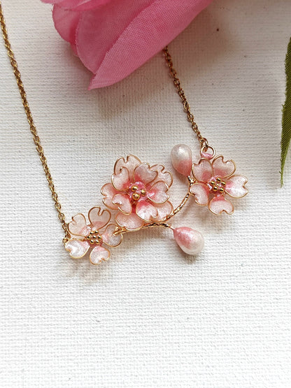 Cherry Blossom Floral Necklace | Handmade Sakura Bridal Jewelry in Blush Pink