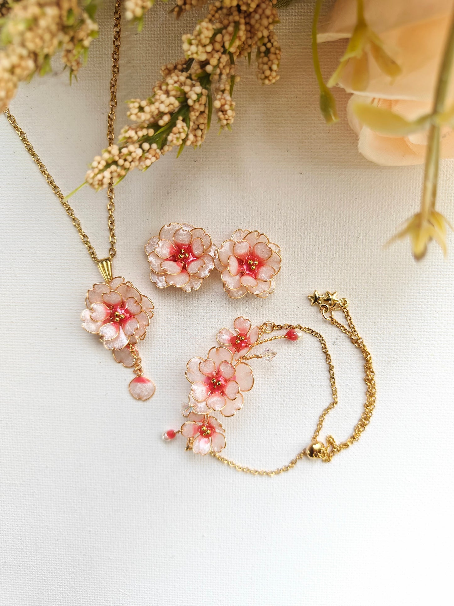 Handmade Cherry Blossom Jewelry Set | Floral Pendant Necklace, Stud Earrings, Ring & Bracelet