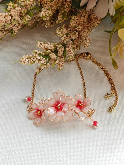 Handmade Cherry Blossom Jewelry Set | Floral Pendant Necklace, Stud Earrings, Ring & Bracelet