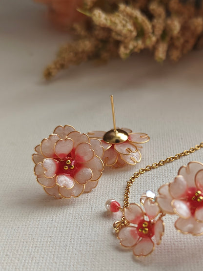 Handmade Cherry Blossom Jewelry Set | Floral Pendant Necklace, Stud Earrings, Ring & Bracelet