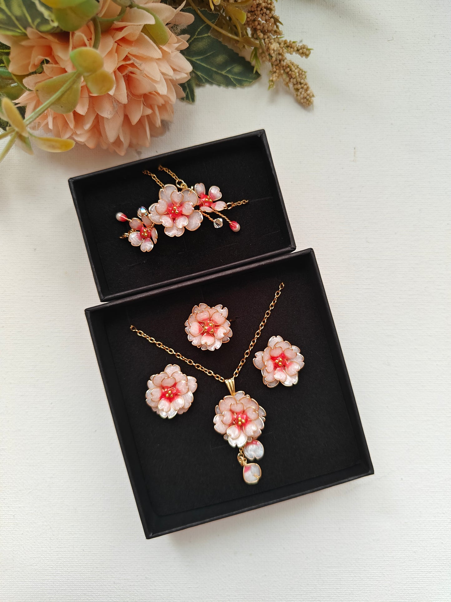 Handmade Cherry Blossom Jewelry Set | Floral Pendant Necklace, Stud Earrings, Ring & Bracelet