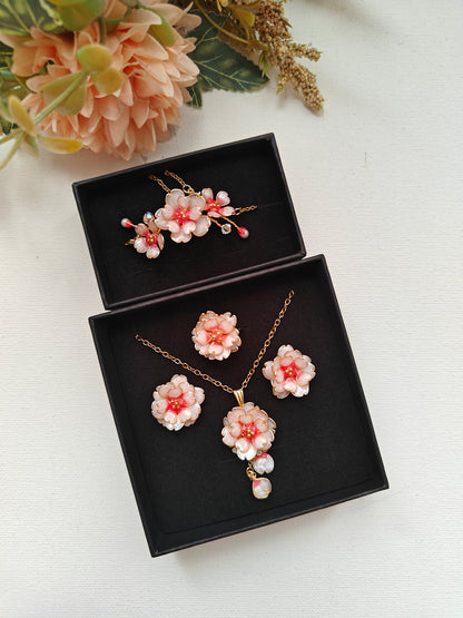Handmade Cherry Blossom Jewelry Set | Floral Pendant Necklace, Stud Earrings, Ring & Bracelet