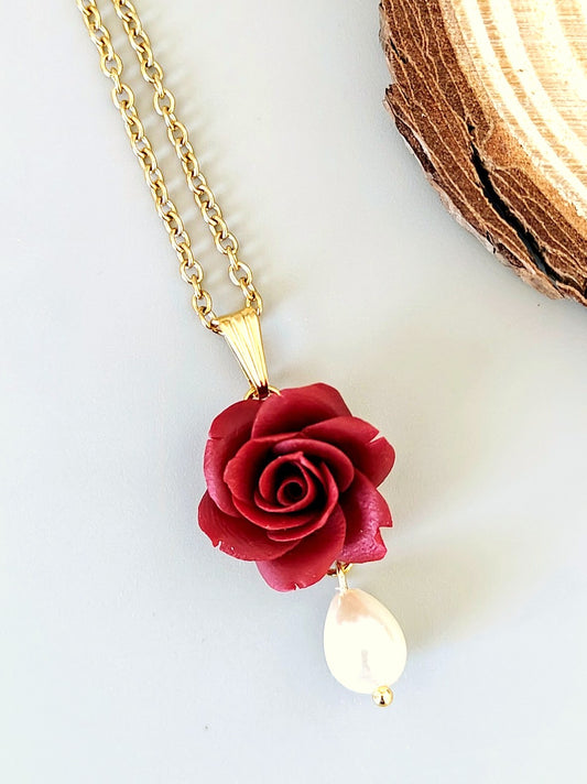 Handmade Burgundy Rose Necklace with Pearl Drop | Dark Red Floral Bridal Necklace | Gift for Women