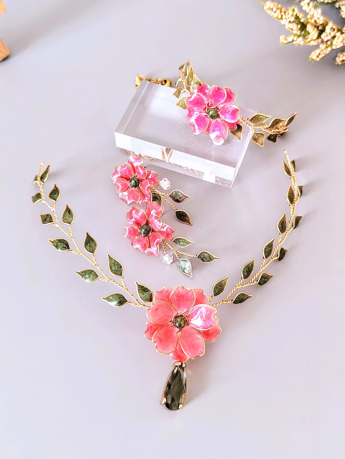 Pink Floral Jewelry Set | Handmade Bridal Floral Set