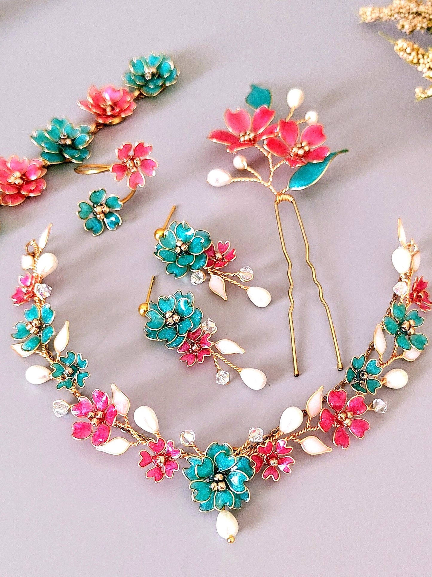 Handmade Floral Bridal Jewelry Set in Pink & Teal – Necklace Earrings Bracelet Ring Hair Accessory