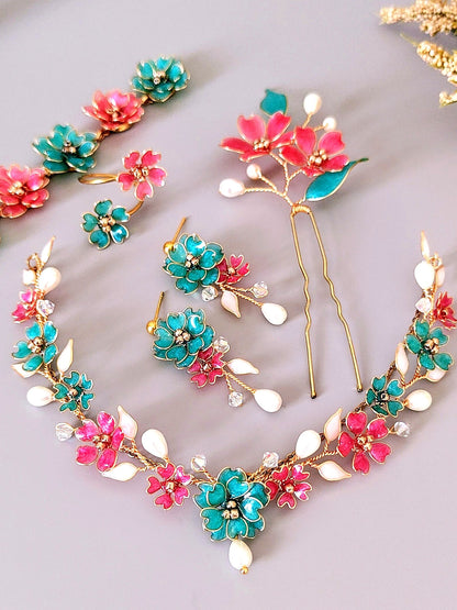 Handmade Floral Bridal Jewelry Set in Pink & Teal – Necklace Earrings Bracelet Ring Hair Accessory