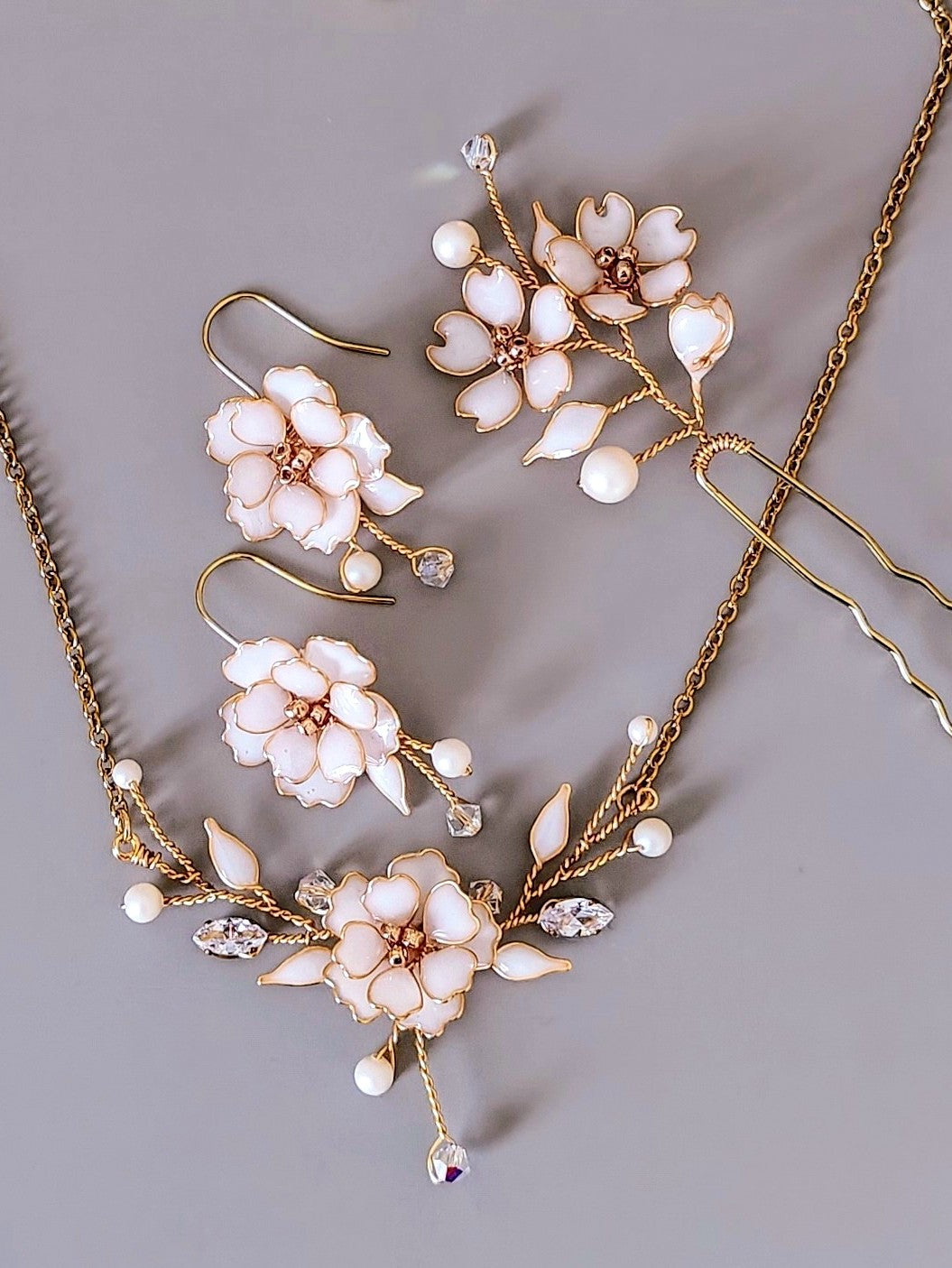 White Cherry Blossom Bridal Jewelry Set | Handmade Floral Wedding Set