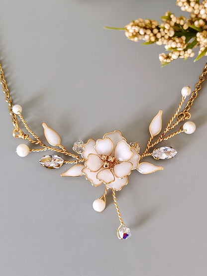 White Cherry Blossom Necklace | Handmade Bridal Floral Necklace