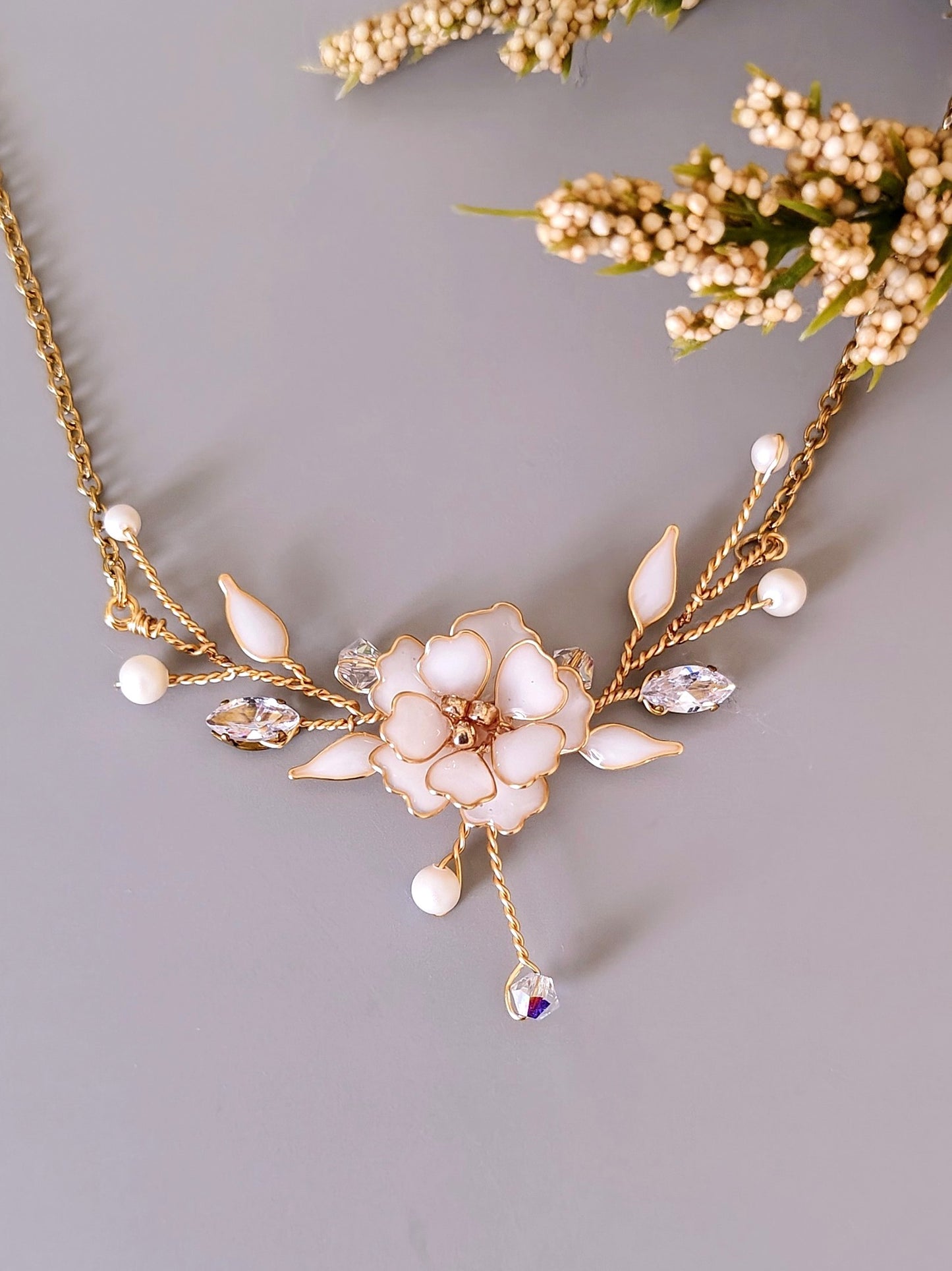 White Cherry Blossom Necklace | Handmade Bridal Floral Necklace