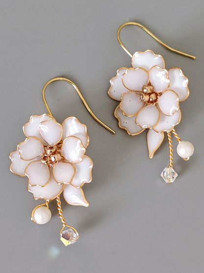 White Cherry Blossom Earrings | Handmade Bridal Floral Earrings