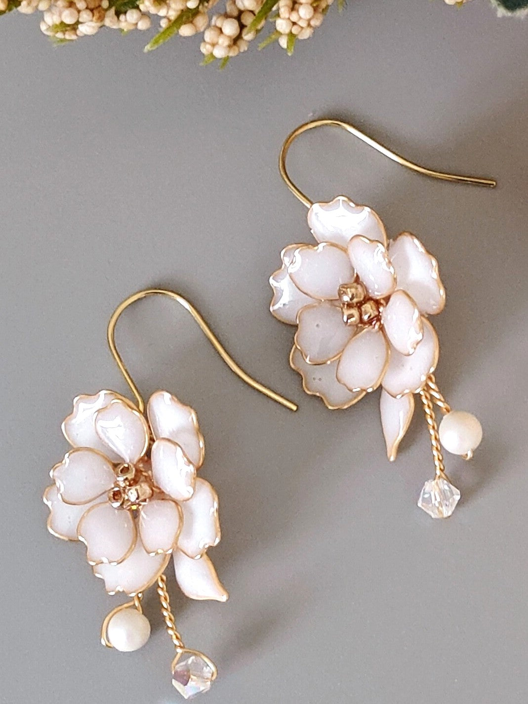 White Cherry Blossom Earrings | Handmade Bridal Floral Earrings