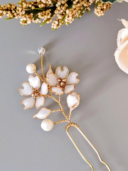 White Cherry Blossom Hair Pin | Bridal Floral Hair Accessory