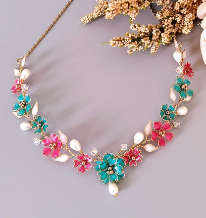 Handmade Floral Necklace in Pink & Teal – Gold Wire Bridal Flower Necklace