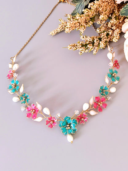 Handmade Floral Bridal Jewelry Set in Pink & Teal – Necklace Earrings Bracelet Ring Hair Accessory
