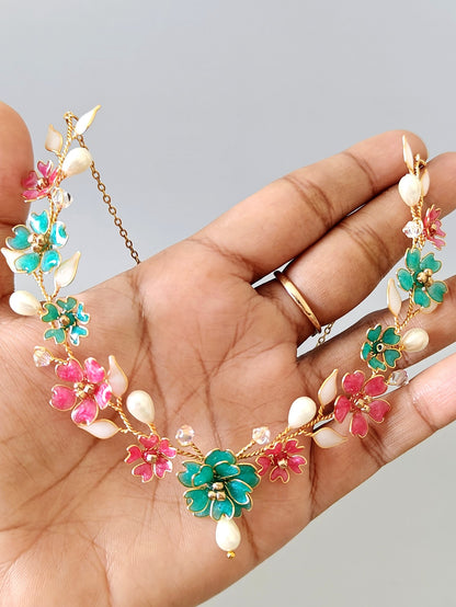 Handmade Floral Bridal Jewelry Set in Pink & Teal – Necklace Earrings Bracelet Ring Hair Accessory