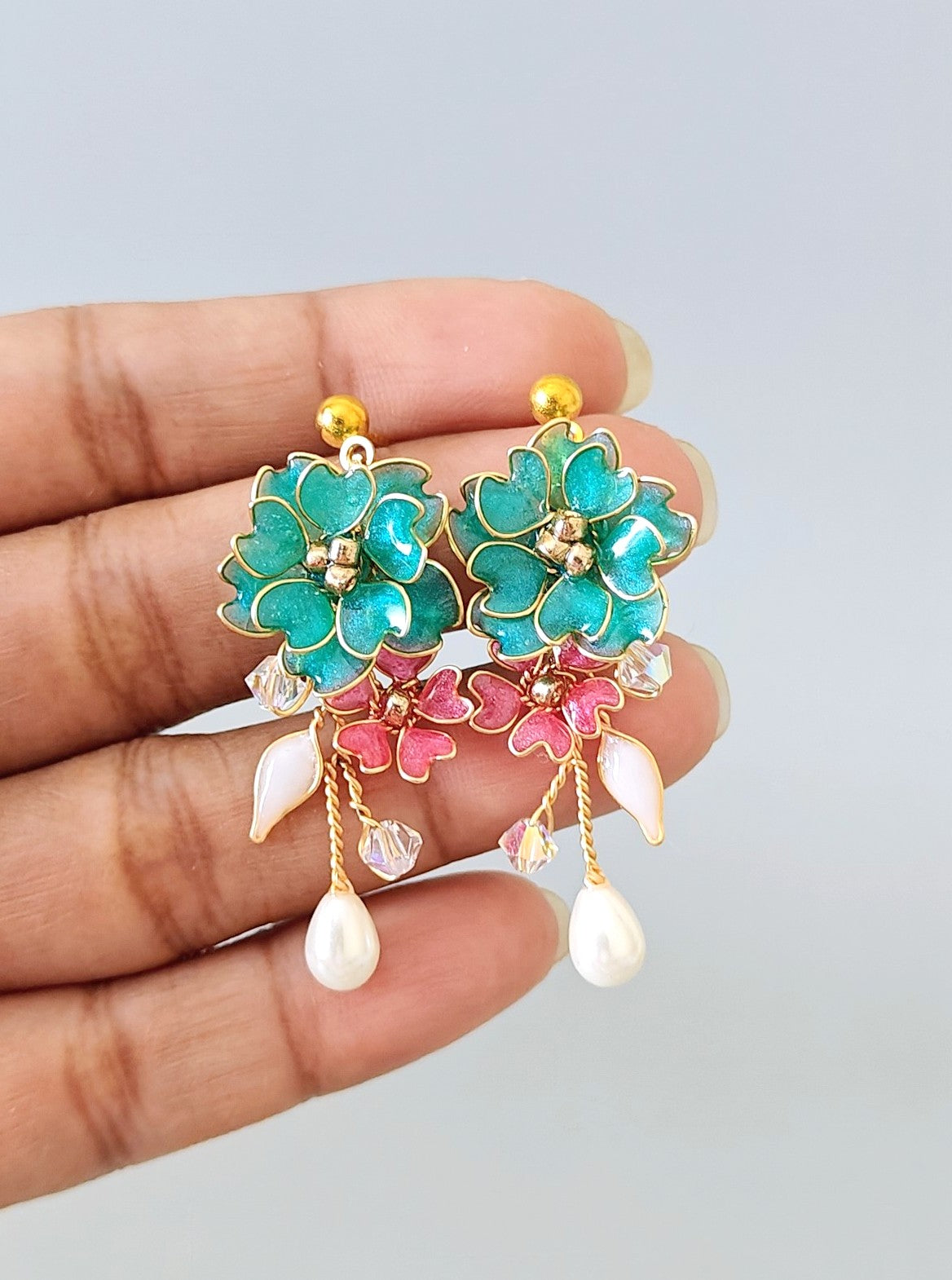 Handmade Floral Bridal Jewelry Set in Pink & Teal – Necklace Earrings Bracelet Ring Hair Accessory