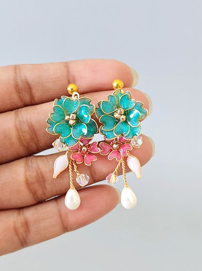 Handmade Floral Bridal Jewelry Set in Pink & Teal – Necklace Earrings Bracelet Ring Hair Accessory