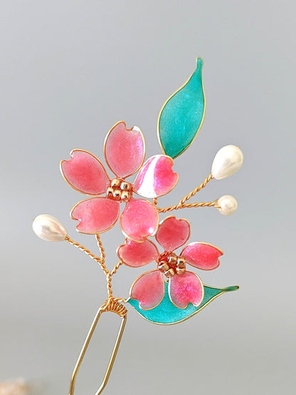 Set of 3 Hair Pins - Handmade Floral Hair Accessory in Pink & Teal – Gold Bridal Flower Hair Piece