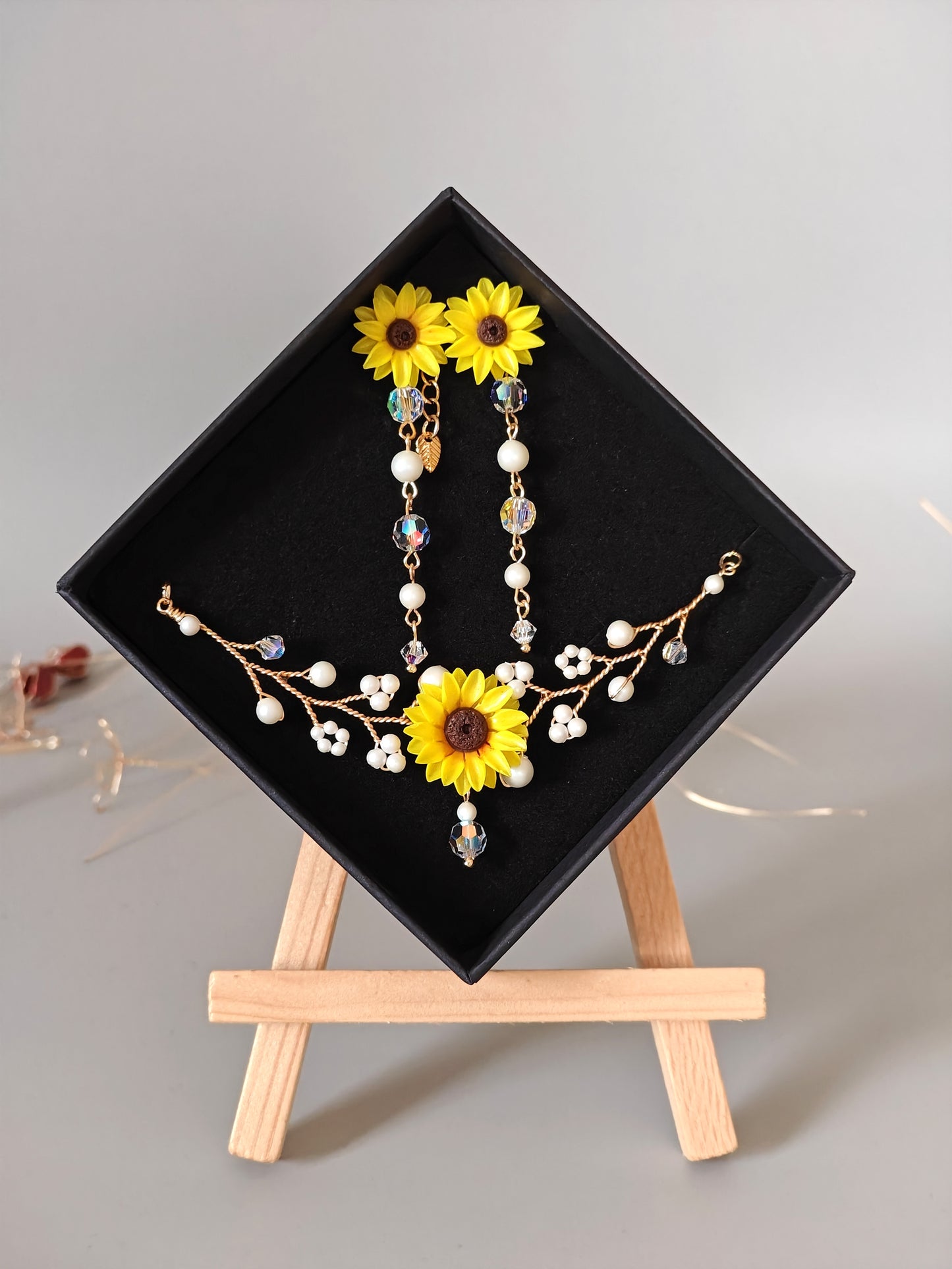 Handmade Sunflower Jewelry Set with Necklace & Earrings | Floral Pearl Jewelry Set