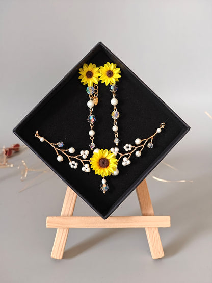 Handmade Sunflower Jewelry Set with Necklace & Earrings | Floral Pearl Jewelry Set