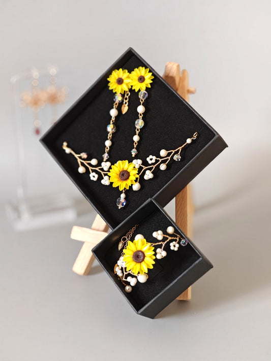 Handmade Sunflower Jewelry Set with Necklace & Earrings | Floral Pearl Jewelry Set