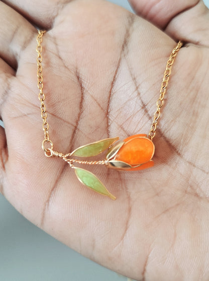 Handmade Orange Tulip Necklace | Floral Wire & Resin Tulip Pendant | Elegant Gift for Women