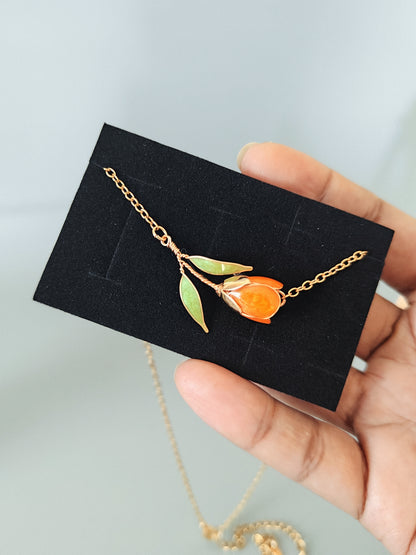 Handmade Orange Tulip Jewelry Set with Necklace, Earrings & Bracelet | Floral Wire & Resin Set