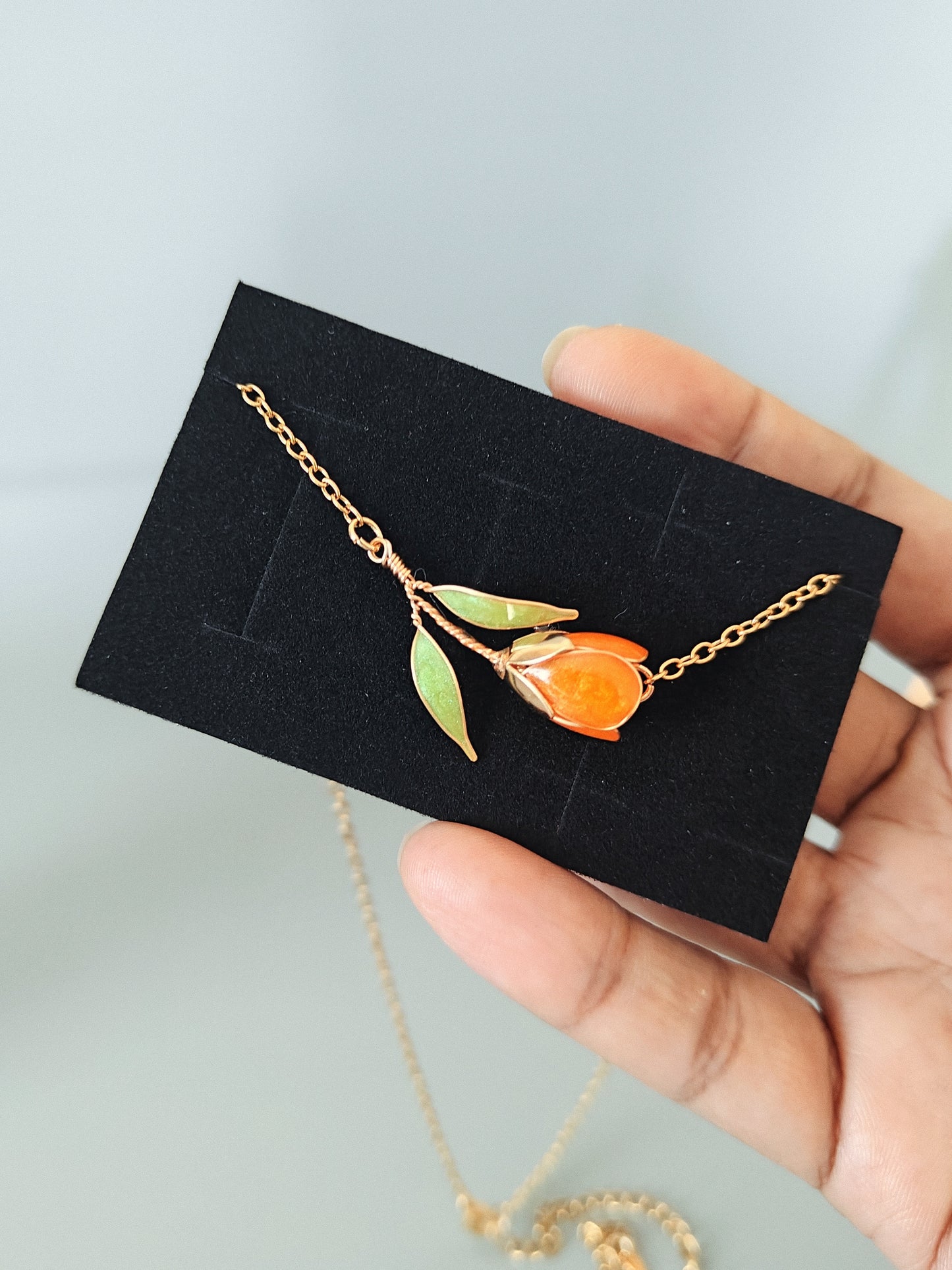 Handmade Orange Tulip Necklace | Floral Wire & Resin Tulip Pendant | Elegant Gift for Women