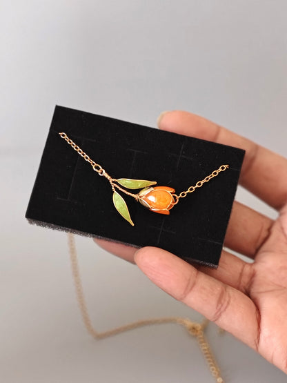 Handmade Orange Tulip Jewelry Set with Necklace, Earrings & Bracelet | Floral Wire & Resin Set