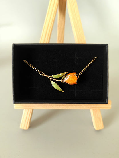 Handmade Orange Tulip Jewelry Set with Necklace, Earrings & Bracelet | Floral Wire & Resin Set