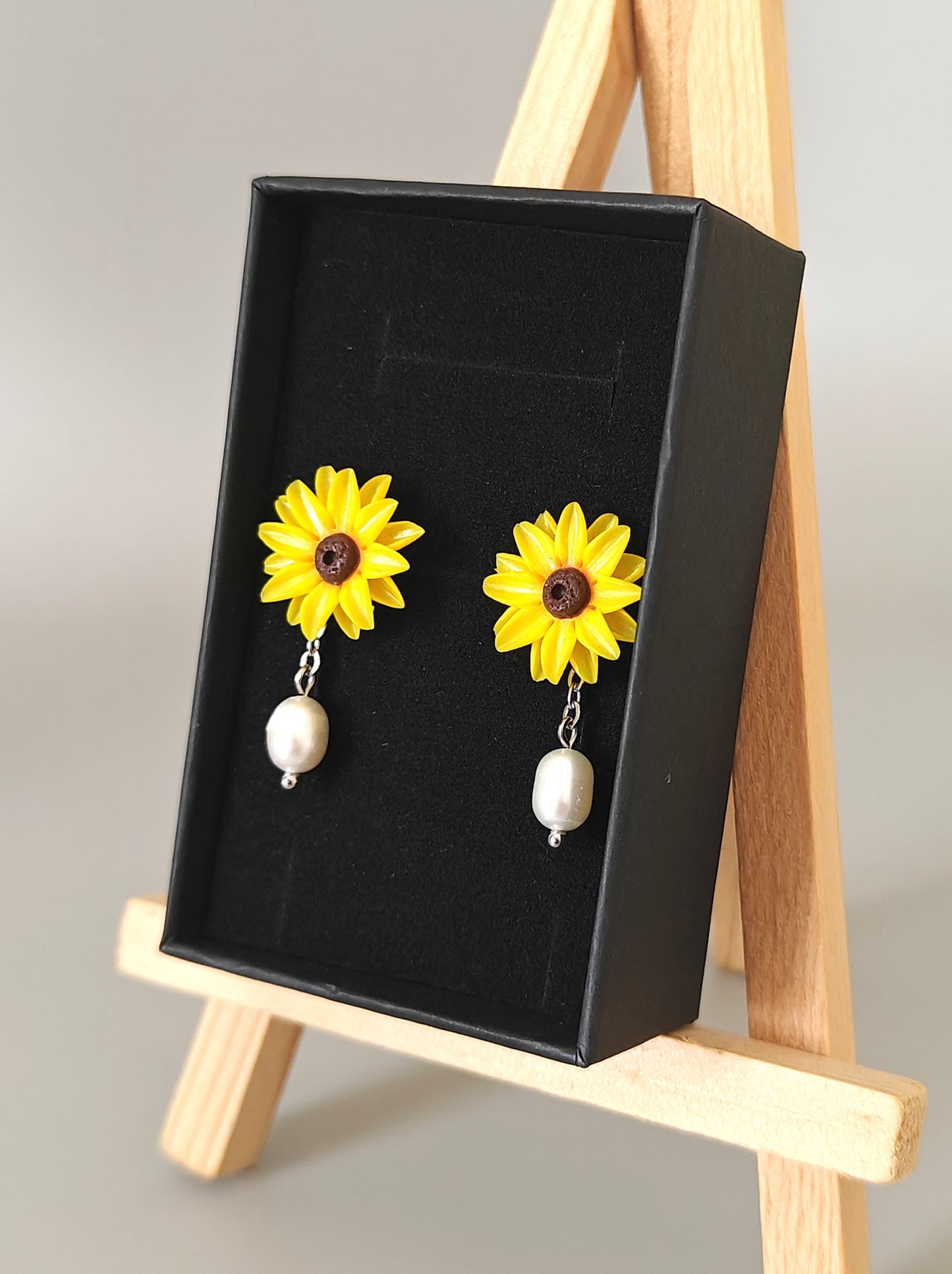 Handmade Sunflower Pearl Earrings | Floral Drop Earrings for Women