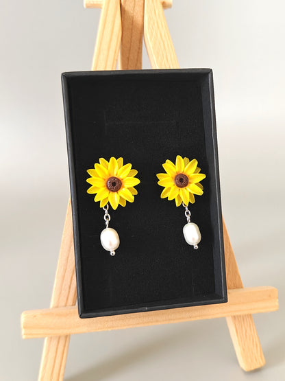Handmade Sunflower Pearl Earrings | Floral Drop Earrings for Women