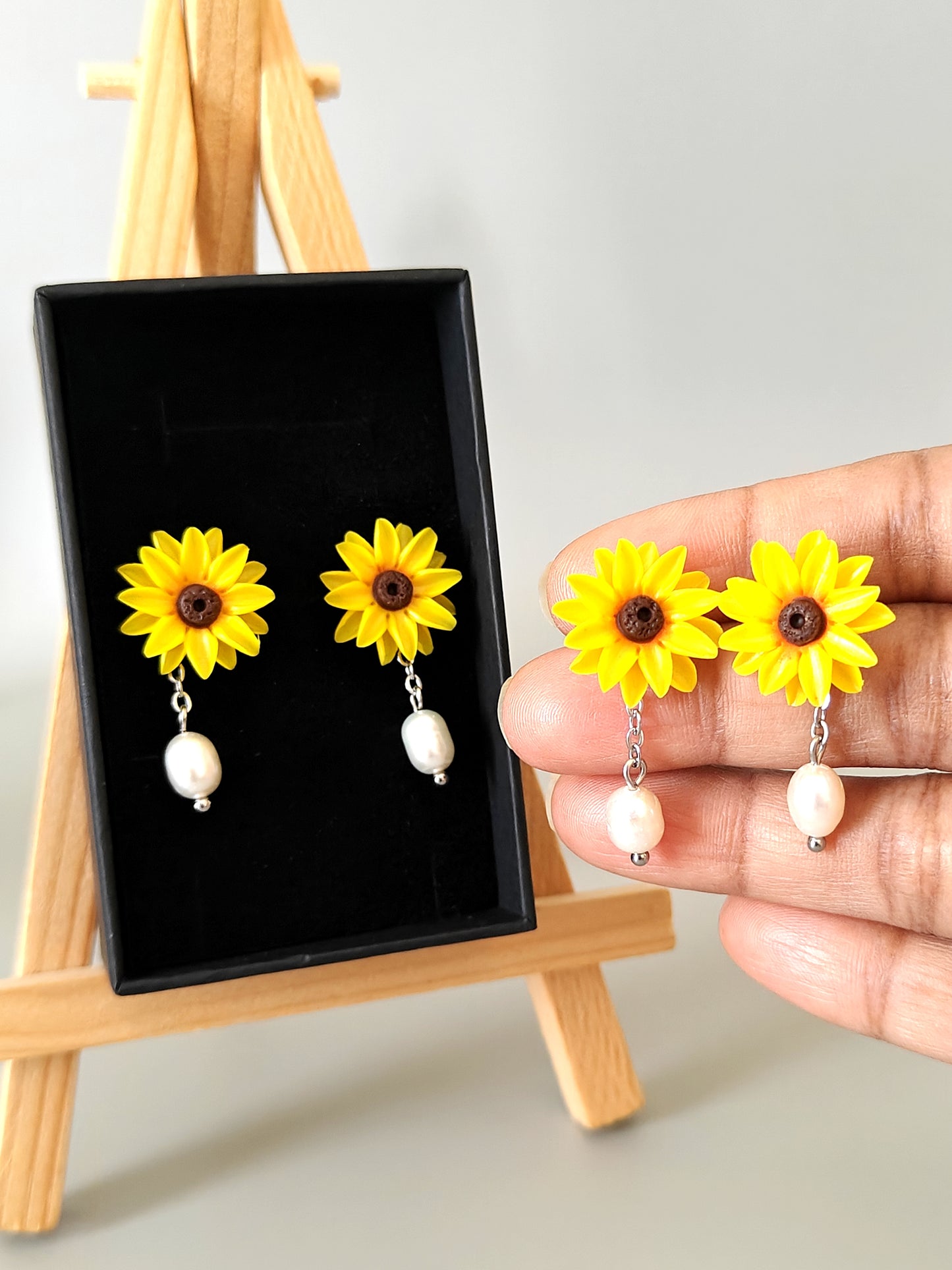 Handmade Sunflower Pearl Earrings | Floral Drop Earrings for Women