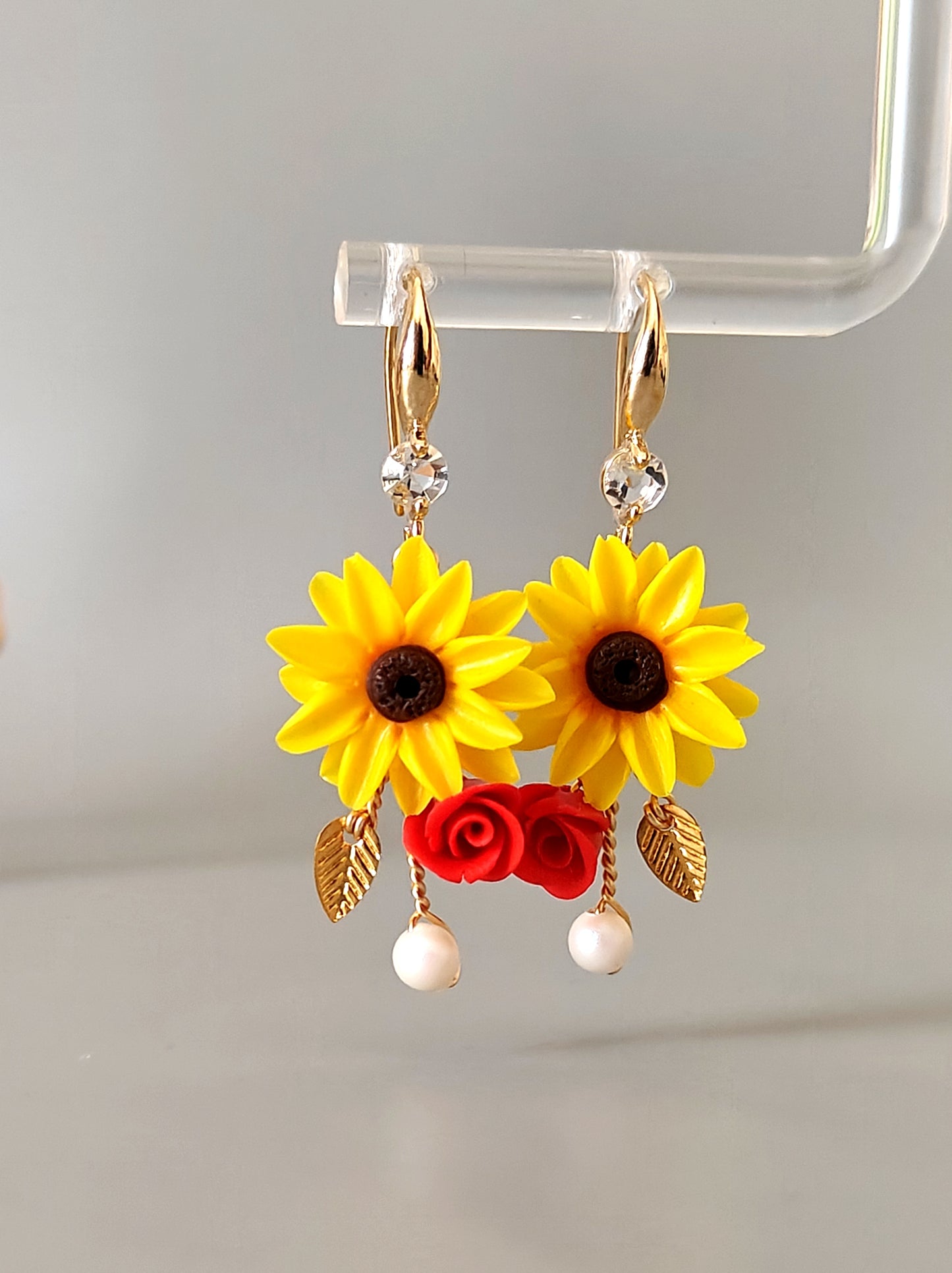 Handmade Sunflower and Rose Earrings with Pearl Drop | Floral Dangle Earrings