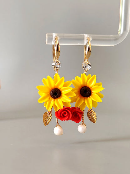 Handmade Sunflower and Rose Earrings with Pearl Drop | Floral Dangle Earrings
